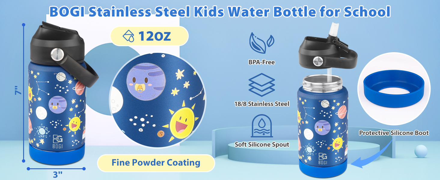 BOGI Kids Metal Water Bottle with Straw, 350ml Kid Stainless Steel