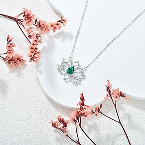 emerald necklace silver emerald necklaces for women emerald pendant Lotus Pendant Necklace
