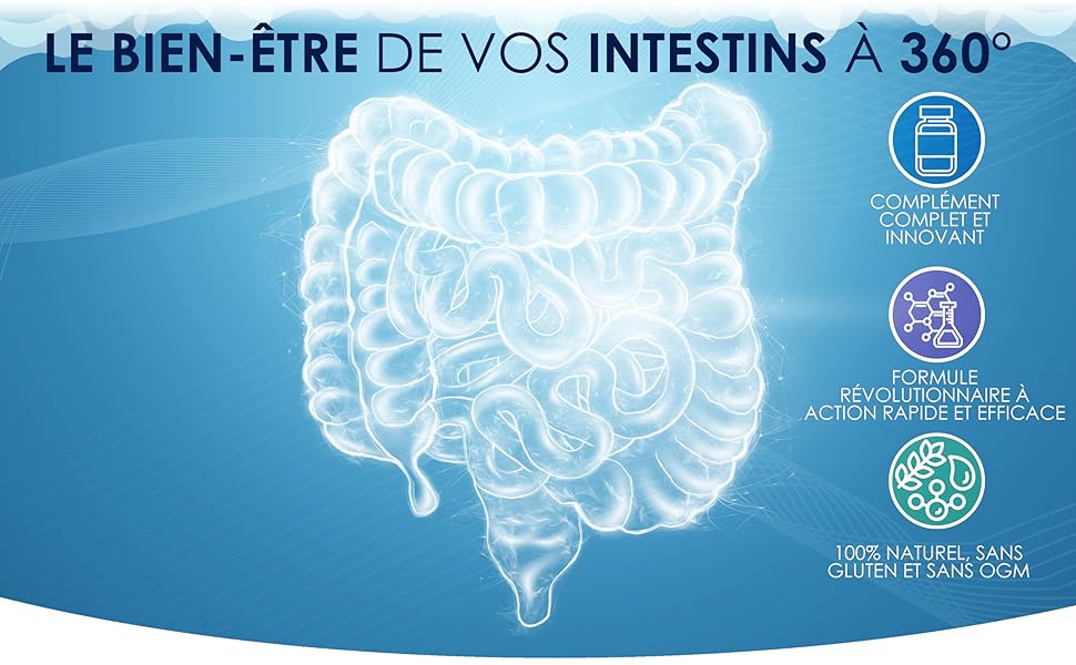 sur la santé intestinale en français. Fond bleu avec illustration stylisée de l'intestin. Trois icônes représentent les avantages du produit : formule innovante, action rapide, ingrédients naturels.