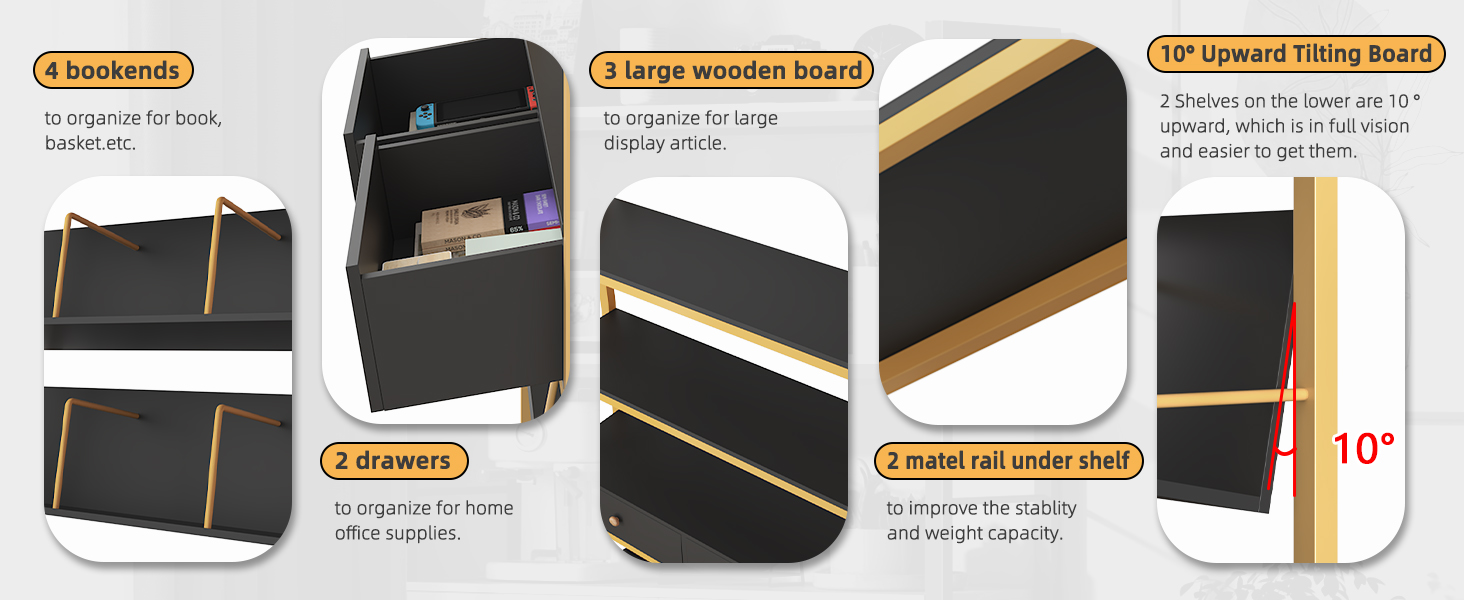 YAOHUOO Bookshelf with Drawers Widen Industrial Book Shelf with