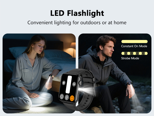 Series of images showing portable LED light in use during various scenarios - illuminating dark spaces, being held during activities, and demonstrating different brightness modes.