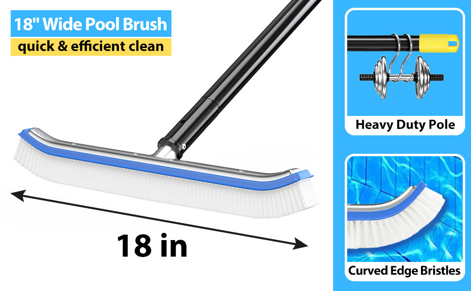 Pool Brush, 18” Wide Nylon Bristle Brush Head with Pole 4 FT for Inground Above