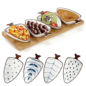 Ceramic Pinch Bowl with Bamboo Tray - Decorative Fish Shaped Chips and Dip Serving Dish Platters