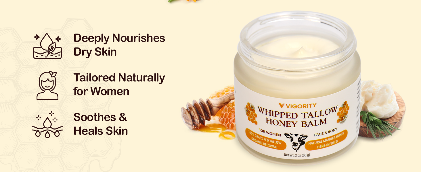 Vigority Beef Tallow and Honey Balm for Women: Organic Grass Fed Whipped Beef Tallow for Skin