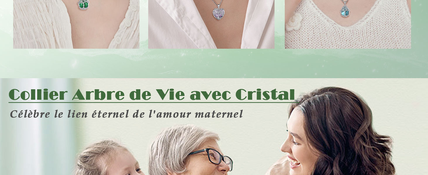Trois images rapprochées de colliers à pendentifs avec breloques en cristal de différentes couleurs : vert, transparent et bleu. Ci-dessous, une photo de famille montrant trois générations de femmes.