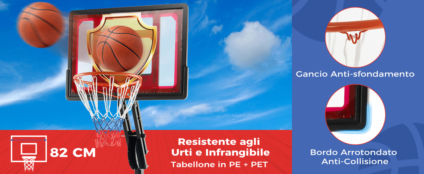 . Tabellone rosso con canestro, rete e basket. L'immagine laterale mostra le caratteristiche anticollisione. Il testo indica le dimensioni e la durata di 82 cm