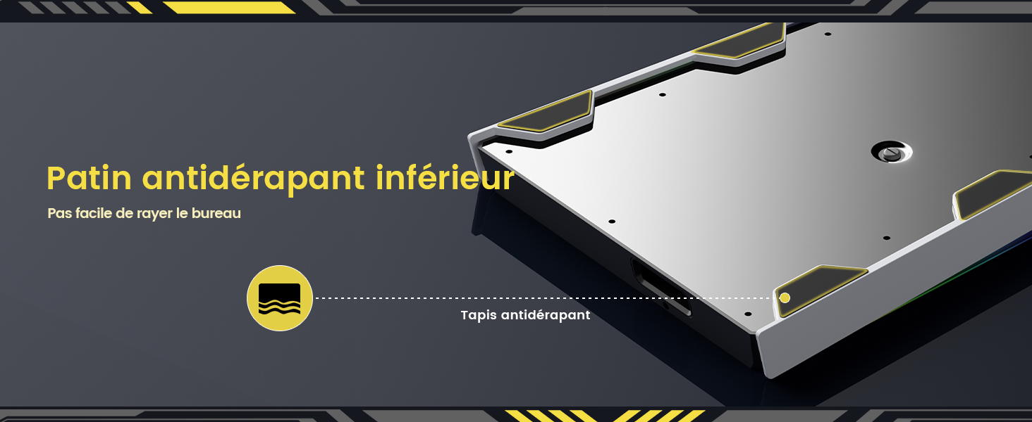 Gros plan d'une plaque métallique aux bords texturés et aux trous de montage. Le texte français indique qu'il s'agit d'une plaque de base antidérapante pour une installation facile sur les meubles