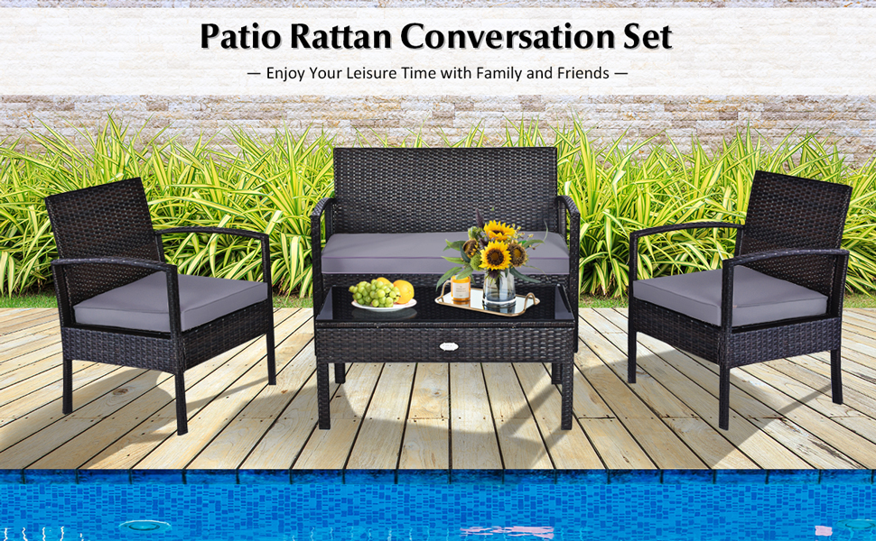 Tangkula 4PCS Wicker Patio Conversation Furniture Set, Outdoor Rattan