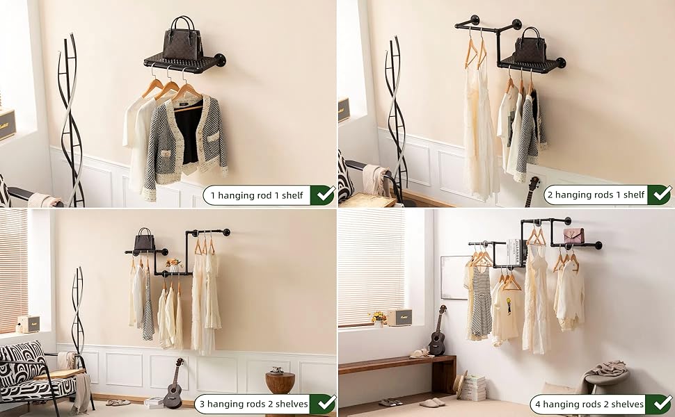 Industrial Pipe Clothing Rack with Floating Shelves