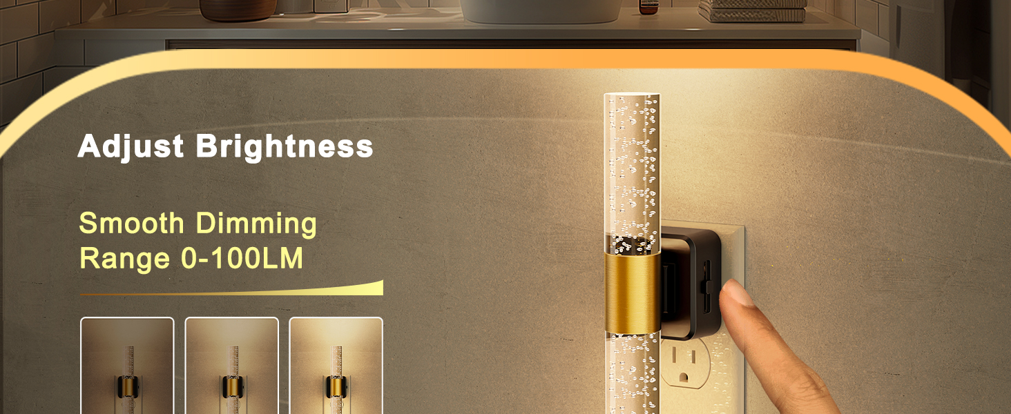 Text reads 'Adjust Brightness' and 'Smooth Dimming Range 0-100LM'. Close-up image of hand adjusting golden dimmer or control device.