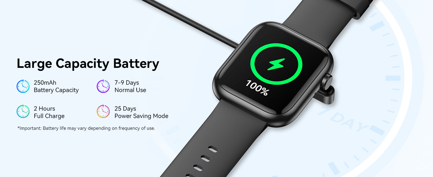 Text reads 'Large Capacity Battery'. Smartwatch display showing charging interface with green battery indicator and circular charging animation.
