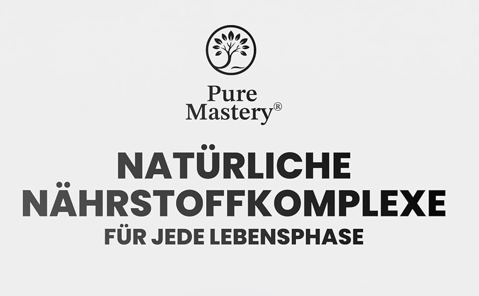 Der Text lautet „NATÜRLICHE NÄHRSTOFFKOMPLEXE FÜR JEDE LEBENSPHASE“ mit dem Pure Matity-Logo. Marketingbild, das die Produktverpackung zeigt.
