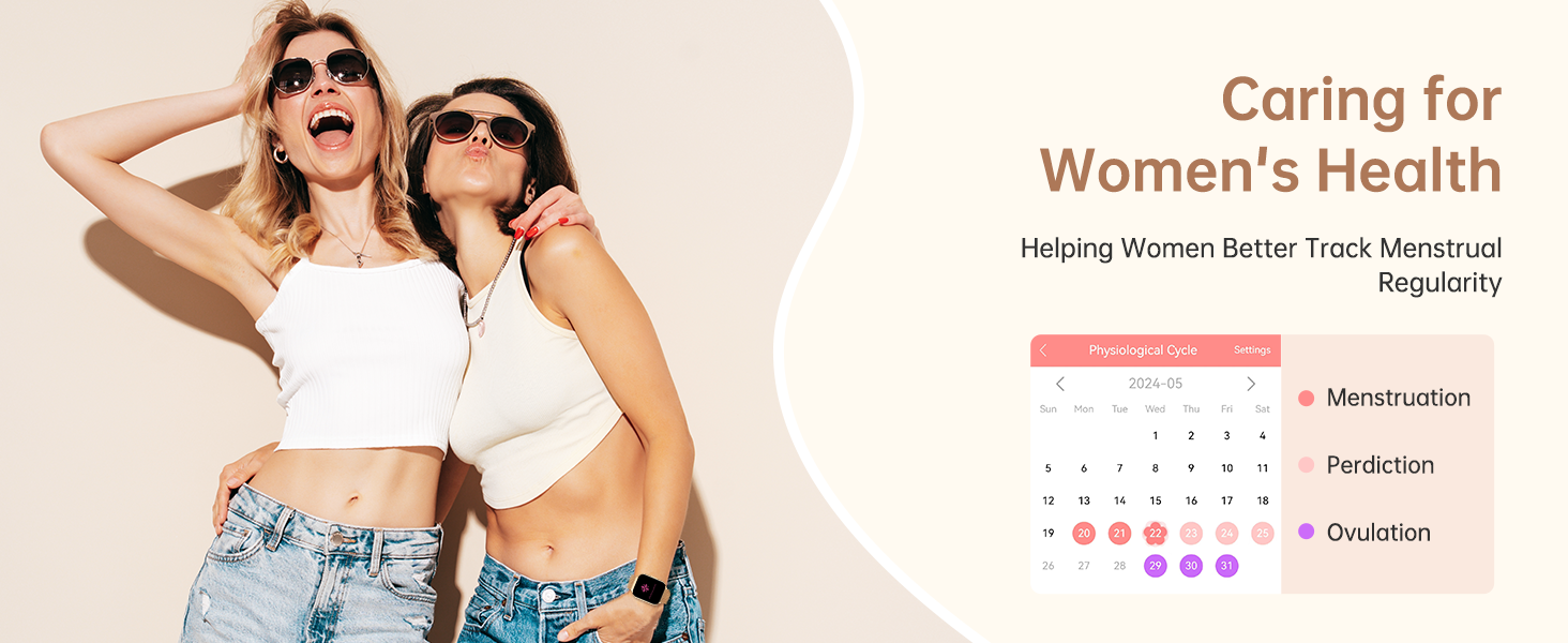 Women's health app interface showing calendar for tracking menstrual cycles. Features include menstruation, ovulation, and fertile days, promoting better health management for women.