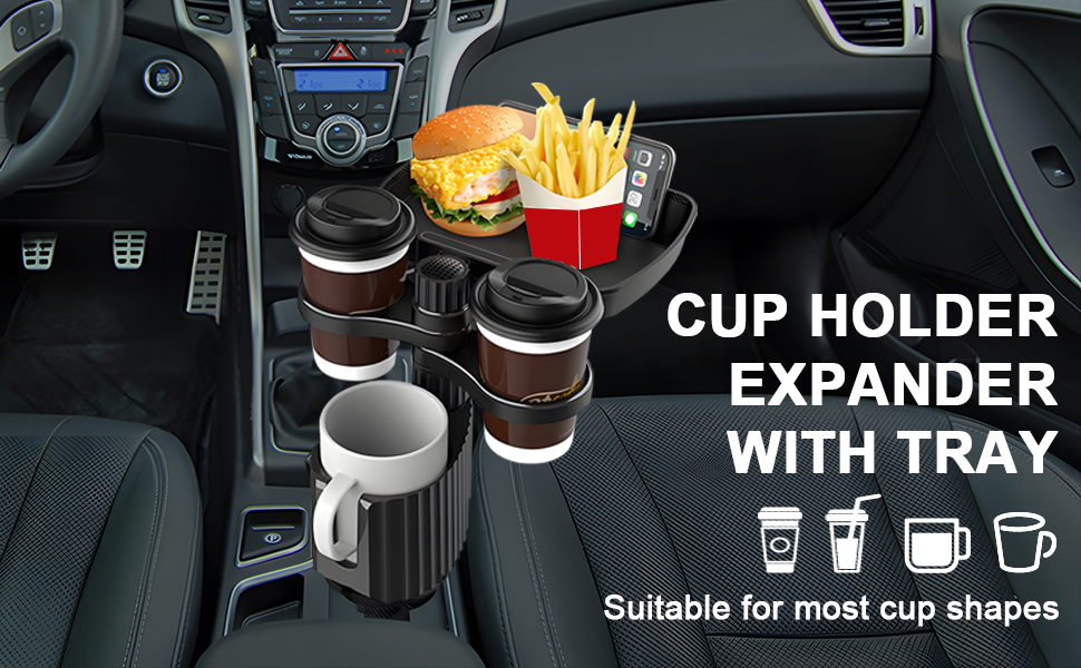 Shansis Car Cup Holder Tray, 4 in 1 Detachable Car Table Food Tray with Cup Drink