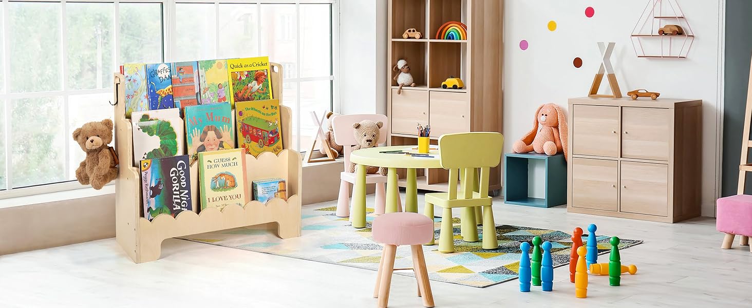 Tohiasen Kids Bookshelf Wooden 3Tier, Scalloped Book Shelf
