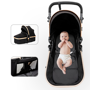 Multifunctional baby stroller with black frame and fabric. Features detachable bassinet and foldable design. Infant shown resting in main seat.