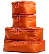 Set of four orange packing cubes in varying sizes, stacked vertically. Made of lightweight fabric with zipper closures for organized travel packing.