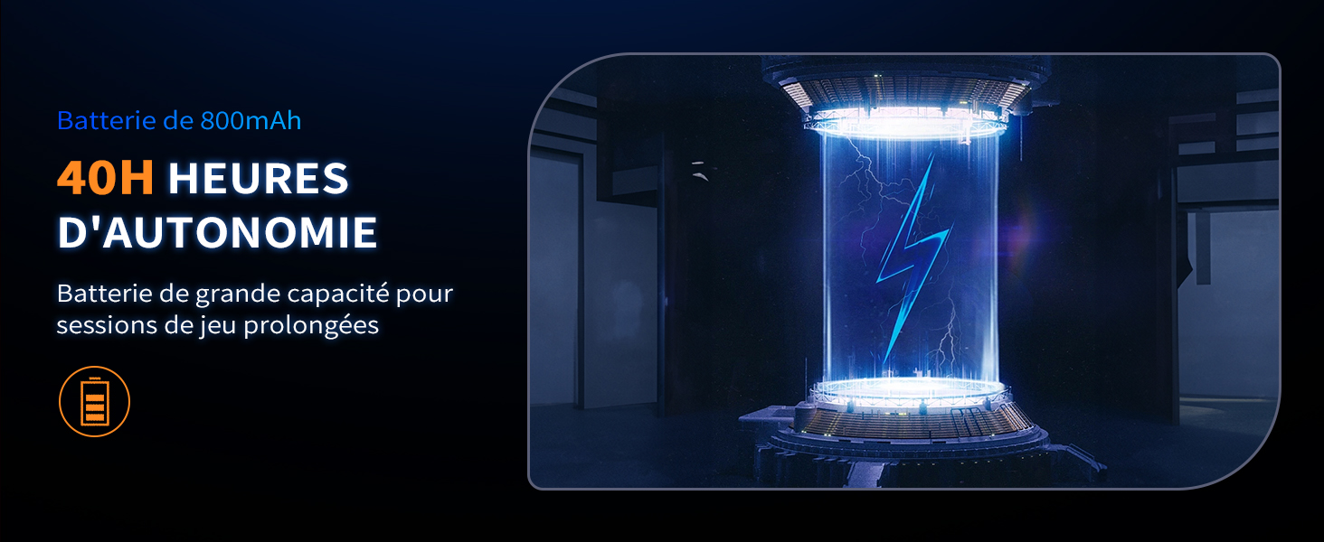 Appareil éclairé avec affichage en forme d'éclair bleu. Le texte indique une autonomie de 40 heures pour une autonomie prolongée