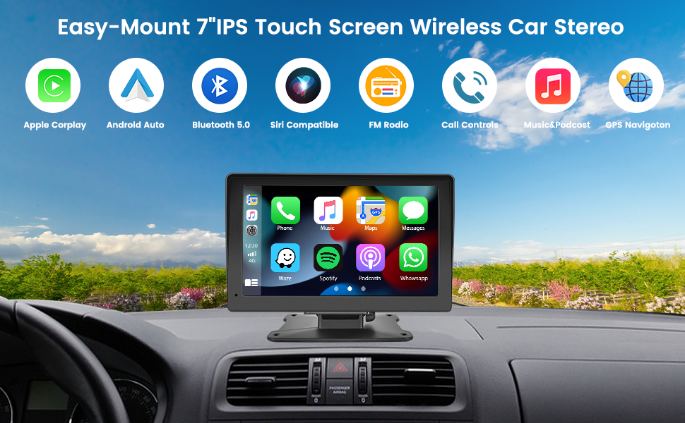 Hikity Portable Car Stereo with Wireless Carplay Android Auto, 7" Smart