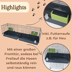 Der Text lautete „Highlights“. Die Produktmerkmale zeigen ein Tiergehege mit Rampen- und Stalldesign, das aus mehreren Blickwinkeln dargestellt ist und den Eingang, den Futterbereich und die Barrierefreiheit zeigt.