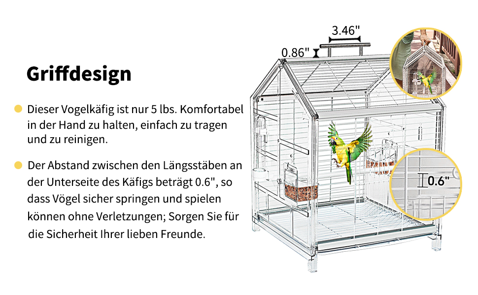 Transparenter Vogelkäfig mit hausförmigem Design. Zu den Merkmalen gehören eine Höhe von 3,46 Zoll, eine Breite von 0,86 Zoll und ein Stangenabstand von 0,6 Zoll. Die beiliegenden Bilder zeigen Vögel im Inneren