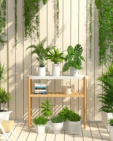 Wisuce Bamboo Shelf Indoor, 2 Tier Window Tall Stand Table for Multiple  Plants