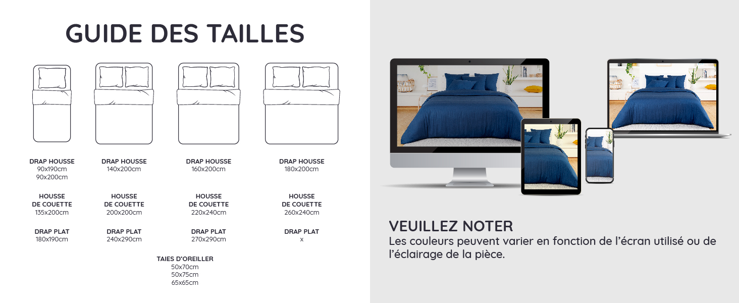 guide de taille pour drap rafraîchissant bambaw rappel que les couleurs peuvent varier selon l&amp;amp;#39;écran