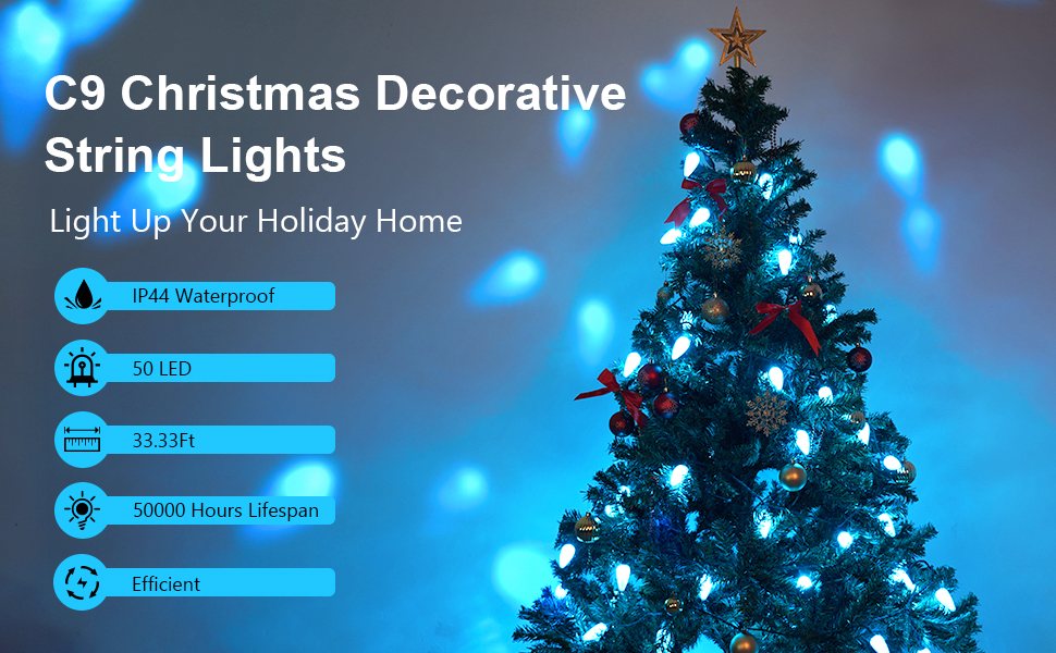TOPKDA C9 Led Christmas String Lights Outdoor, 33.3ft 50 LED Waterproof