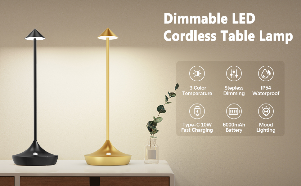 Hapfish Rechargeable Cordless LED Table Lamp, 6000mAh Battery Operated