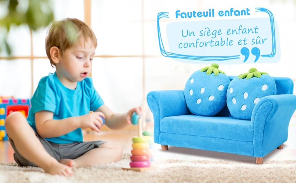 RELAX4LIFE Canapé Enfant 2 Places Avec Rembourrage En Éponge, Surface Peluche De Corail, Fauteuil Sofa Avec 2 Oreillers En Forme De Fraise Pour 3-7 Ans, 90X53X48 CM, Rose/Bleu (Bleu) 13 fauteuil