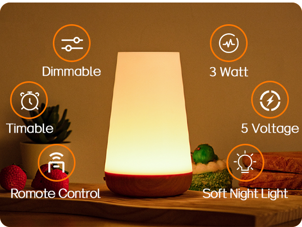 Table lamp with soft night light feature. Dimmable, timable, 3 Watt, 5 Voltage, and remote control capabilities. Warm glow in cozy setting.
