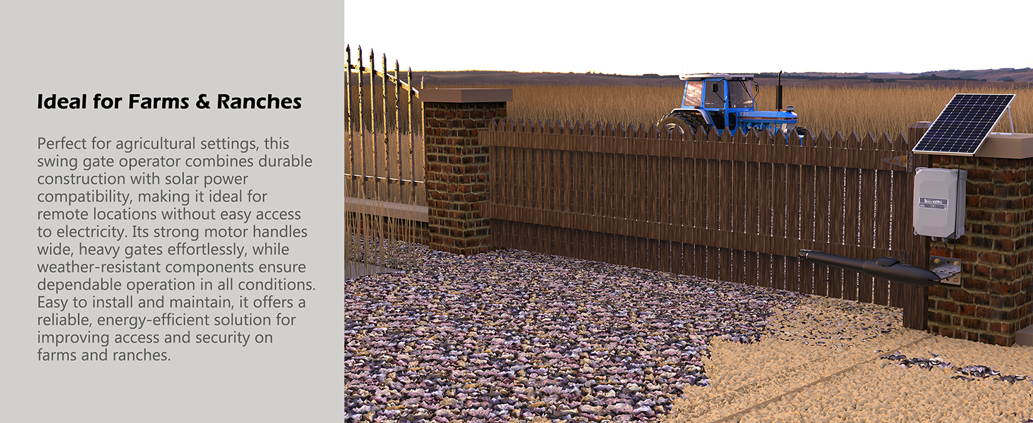 Durable swing gate opener for farms and ranches, weather resistant for outdoor use