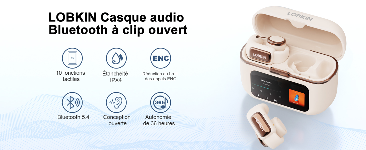 Présentation de produits d'écouteurs sans fil avec étui de chargement. Icônes d'interface affichant des fonctionnalités telles que l'autonomie de la batterie, la connectivité Bluetooth et les commandes tactiles.