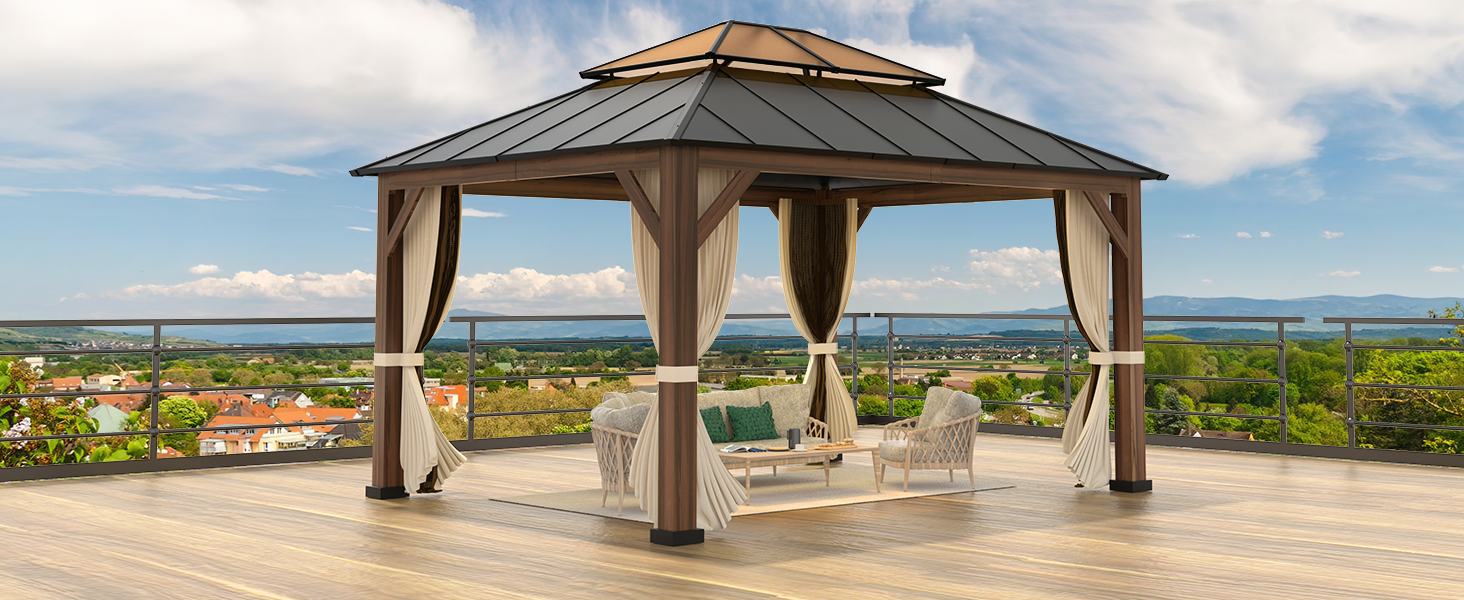 OLILAWN Gazebo 12x14, Hardtop Gazebo with Wood Finish