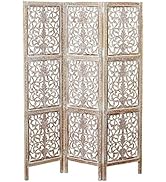 Key West Screen, Room Divider, Carved Floral Motifs, 3 Panels, Vintage Style, Rustic Brown, White...
