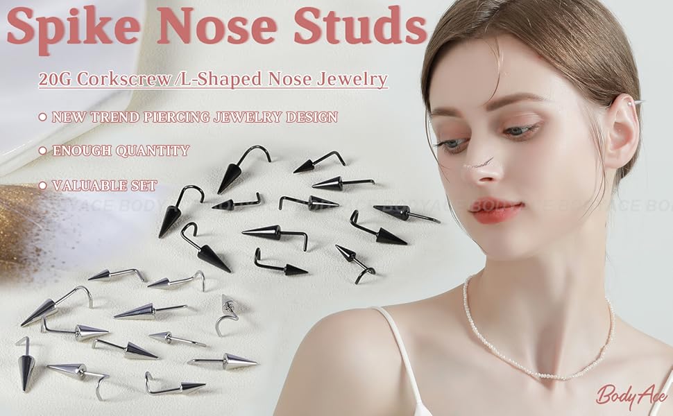 BodyAce 20G Spike Nose Rings Studs with Chains, Stainless