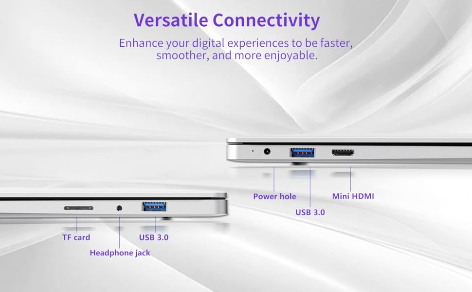 Schéma technique blanc et violet montrant les options de connectivité et la disposition des ports avec le texte « Connectivité polyvalente ».