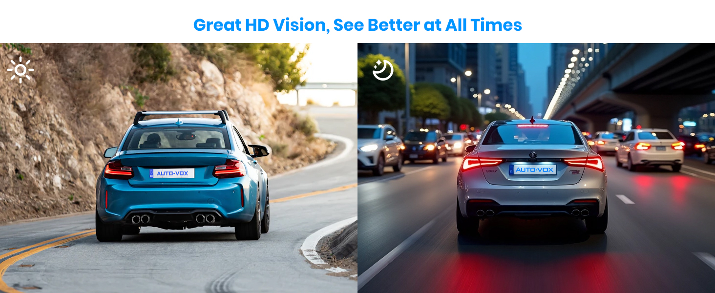 Split image of a blue sports car on mountain road and gray car in night traffic. Text reads 'Great HD Vision, See Better at All Times'.