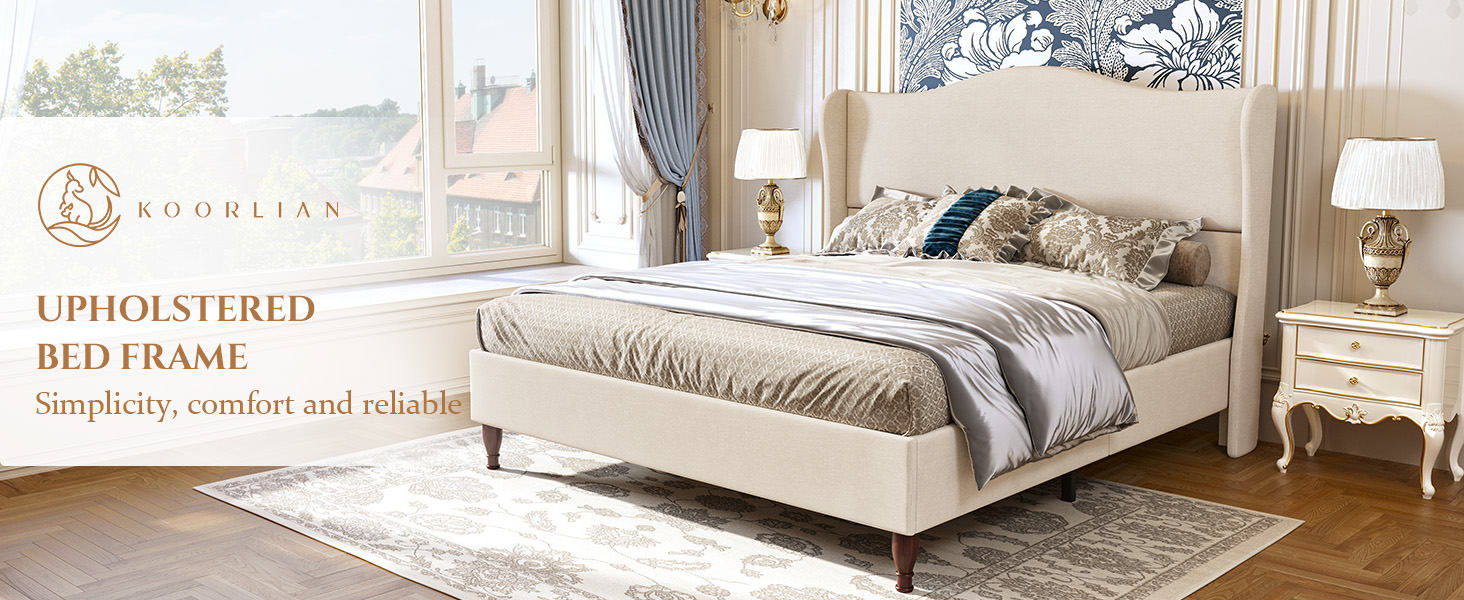 Bed Frame Upholstered Platform Bed with 51 inches Tall Headboard Wingback