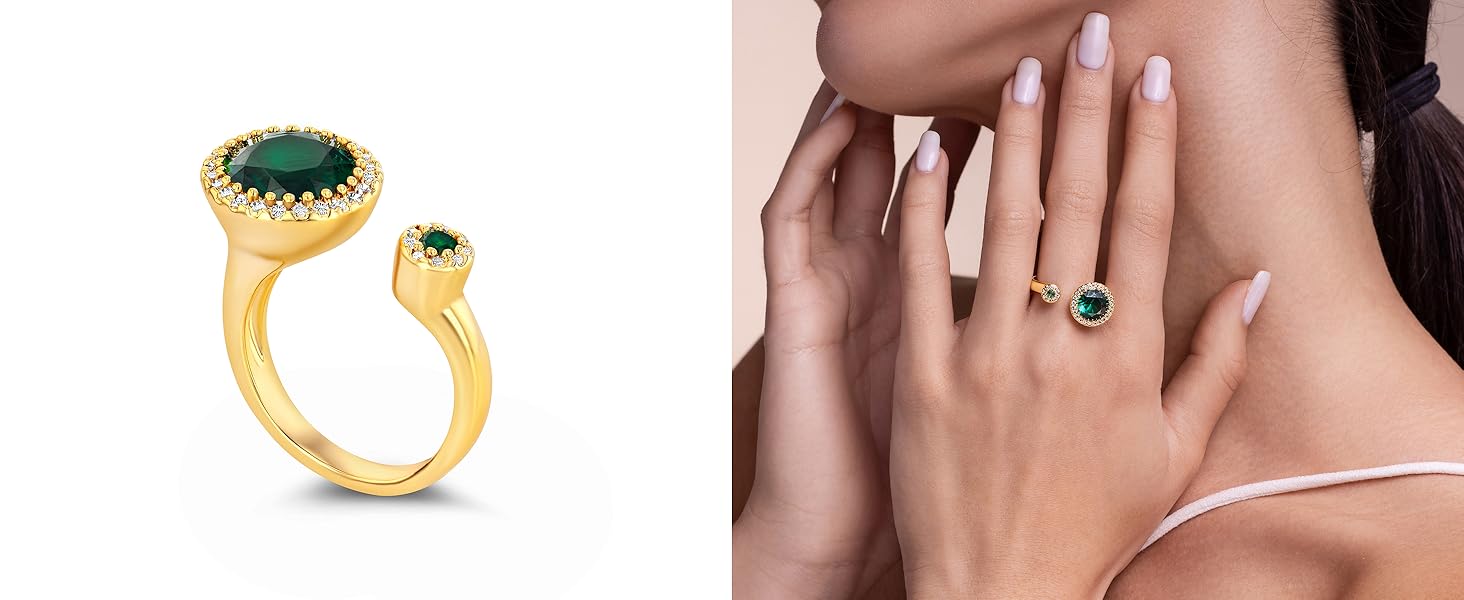 Sngia Gold Emerald Adjustable Ring with CZ