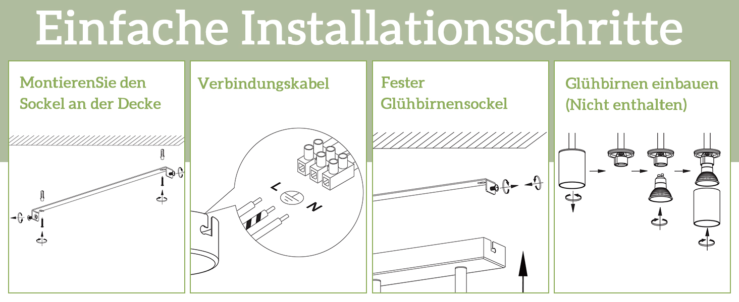Das Diagramm der Installationsanleitung zeigt drei Schritte zur Montage eines Deckenprodukts mit einfachen Strichzeichnungen und deutschen Textüberschriften