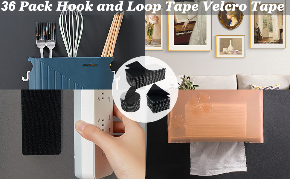 36 Pack Hook and Loop Tape, 3 Shapes Double Sided Velcro Tape Removable