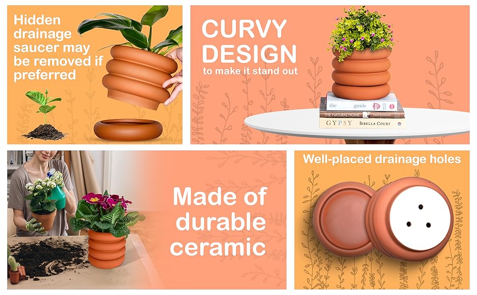 4 pictures of clay pot showing unique design, drainage holes, curves, and discussing durability