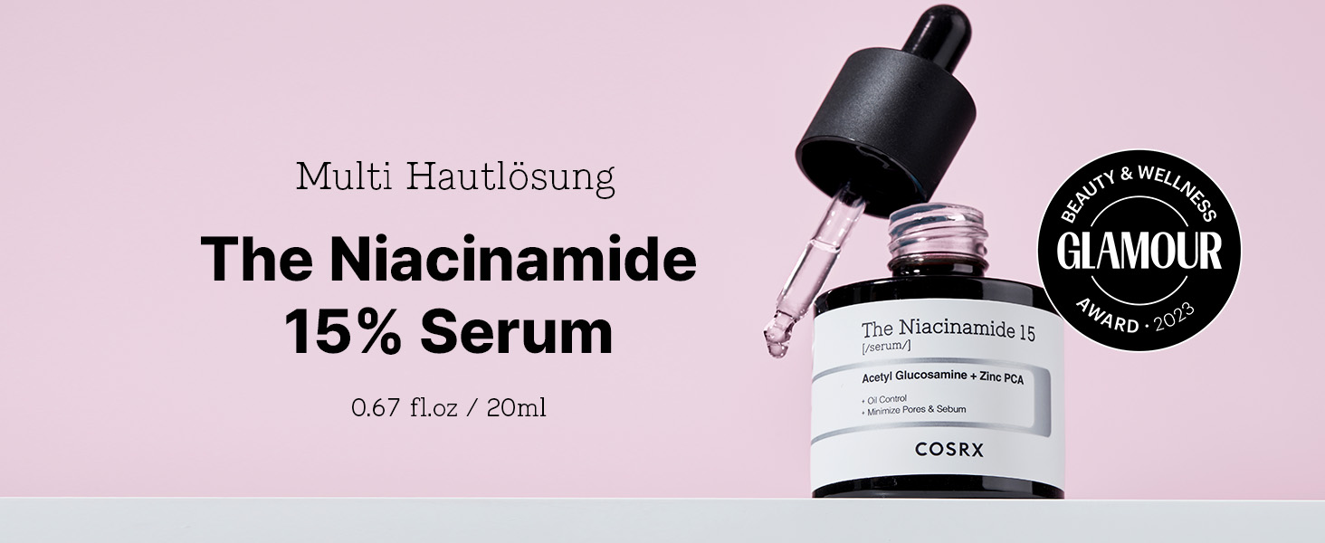 Serumflasche mit Tropfflasche mit Niacinamid-Formel von 15%, abgebildet auf rosafarbenem Hintergrund mit