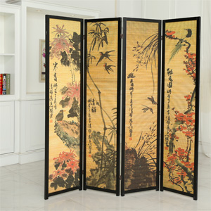Decorative Chinese Calligraphy Design Wood & Bamboo Hinged 4 Panel Screen/Freestanding Room Divider
