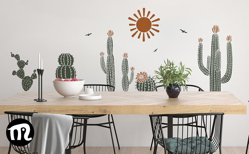 Mfault Boho Cactus Botanical Wall Decals Stickers, Bohemian Cacti Green Plant Sun