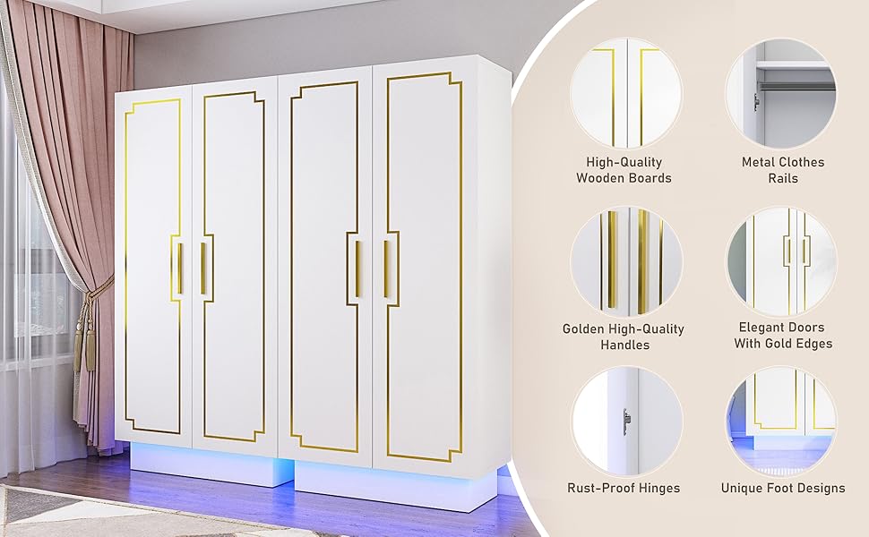 Freestanding Bedroom Armoires with RGB LED 6000color Lights,Wardrobe Clothes Organizer