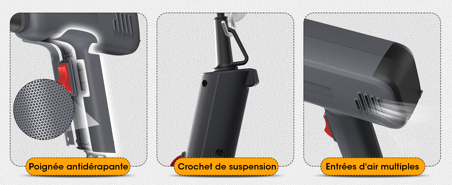 Trois vues rapprochées d'un appareil portatif : poignée texturée, crochet de suspension et multiples bouches d'aération. Le texte français étiquette chaque caractéristique.