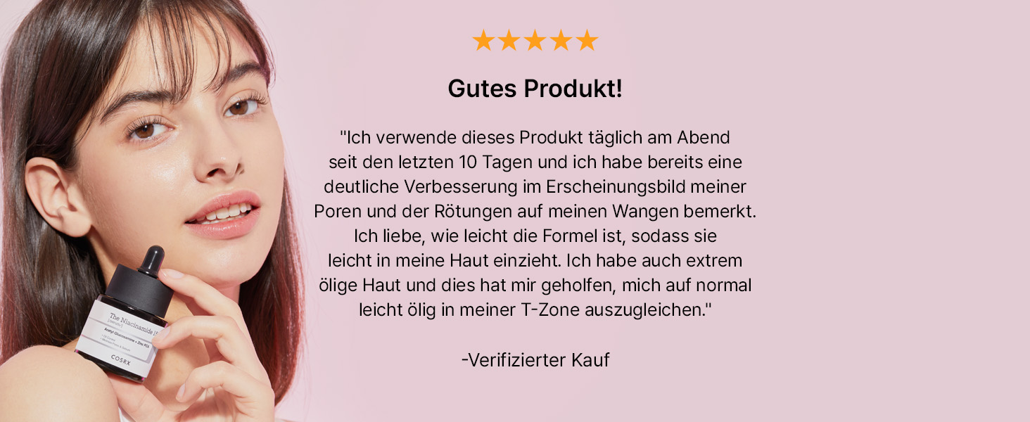 Produktbewertungsdisplay mit fünf goldenen Sternen und deutschem Text, auf dem Kundenfeedback auf rosafarbenem Hintergrund angezeigt wird.