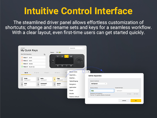 Text reads: 'Intuitive Control Interface'. Screenshots of user interface showing dashboard layouts and customization options.
